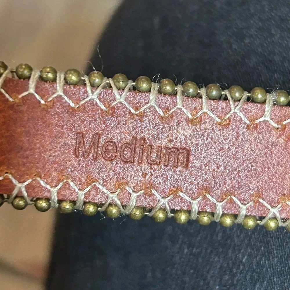 Vintage Gold Leather Beaded Edge Skinny Belt Size Medium